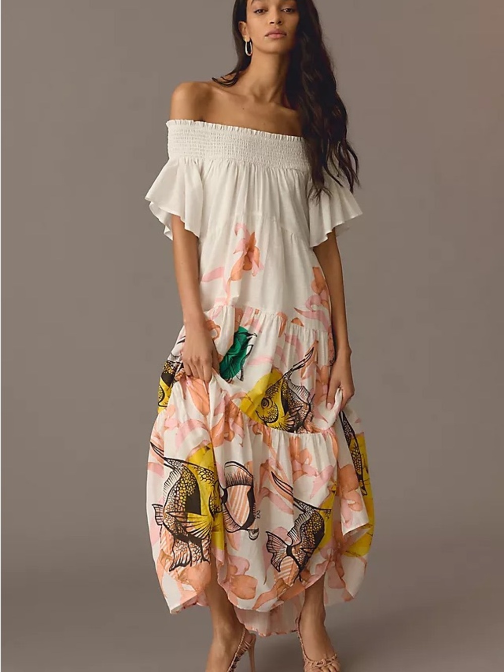 Maeve Off-Shoulder White Maxi Dress with Pink, Yellow & Green Floral Accents